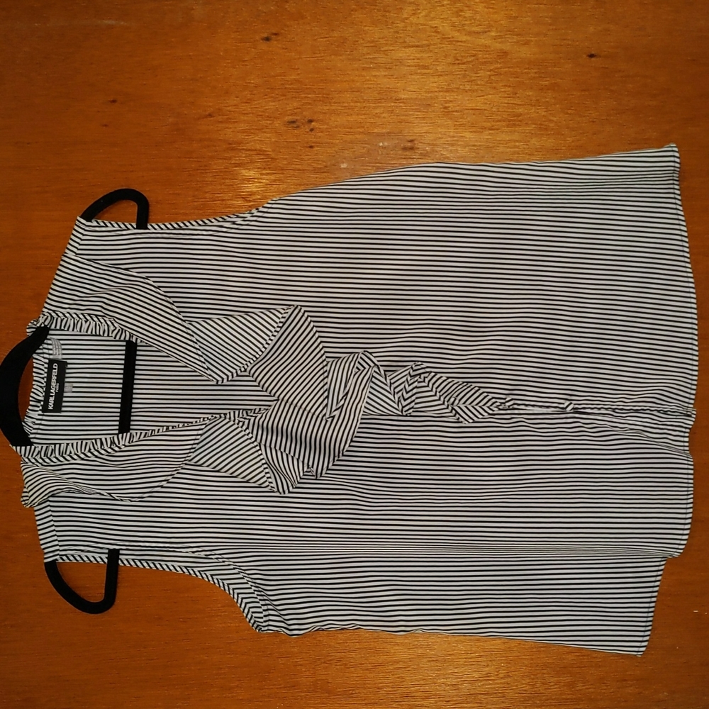 Karl Lagerfeld Navy & White Striped Ruffle Sleeveless Blouse